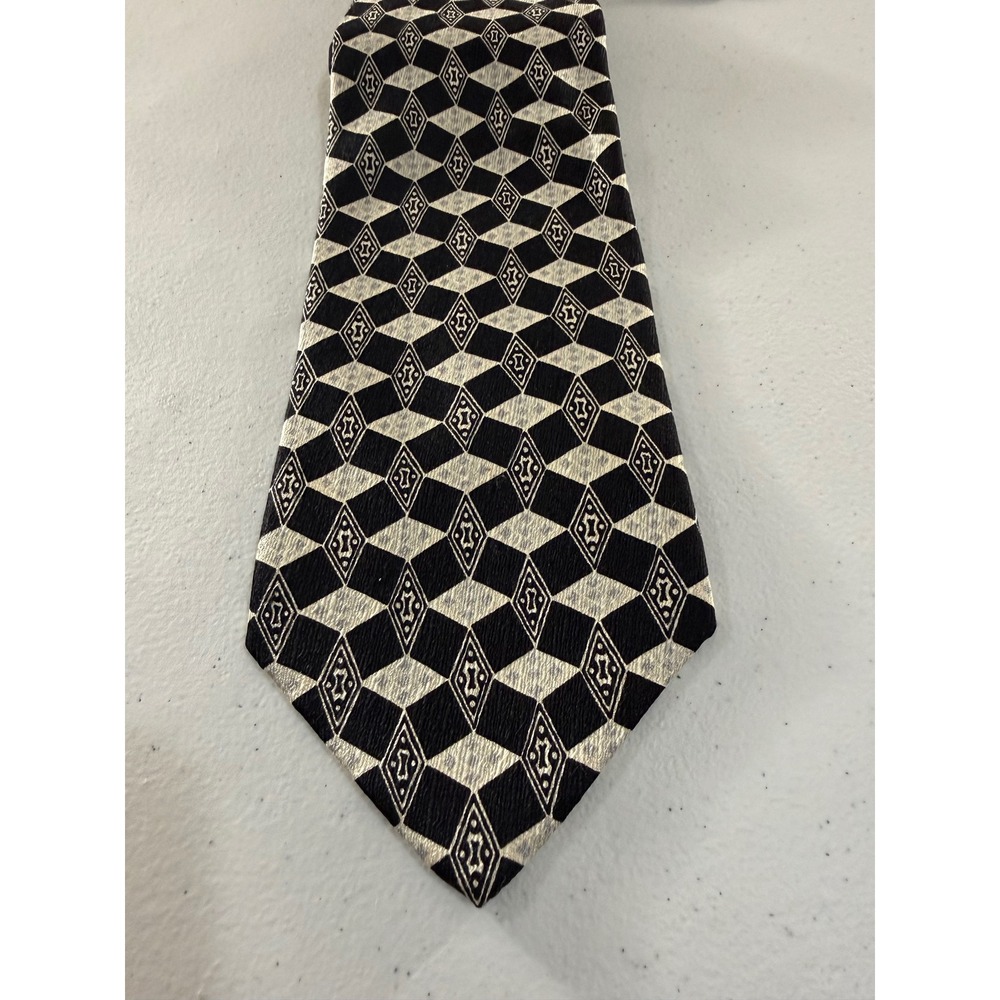 Principe Mens Silk Tie Black Silver Geometric Diamond Pattern Made in USA